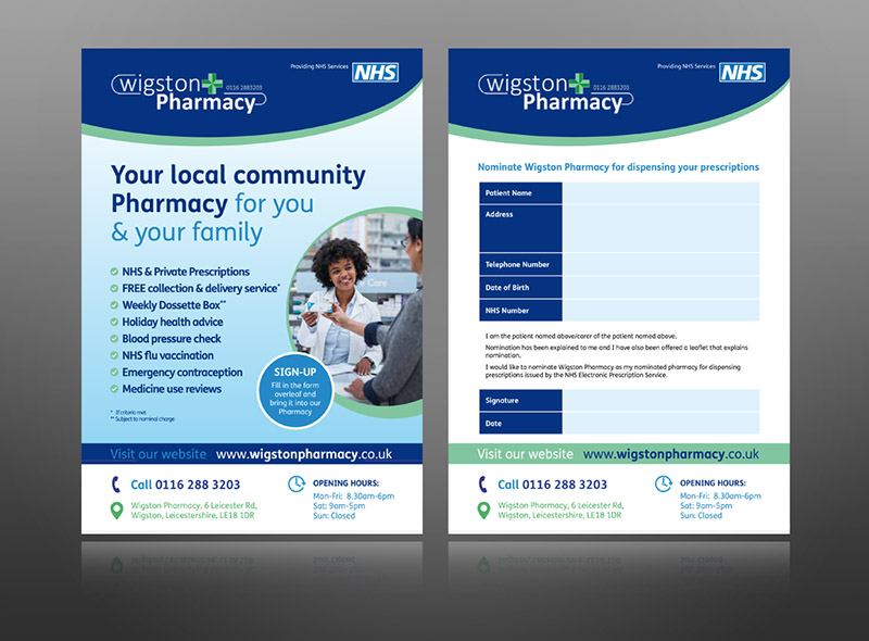 Wigston Pharmacy Patient EPS (Electronic Prescription Service) Form for customers to nominate their pharmacy to receive prescriptions. The EPS form is a typical PSNC Template - but it has been branded up to match the Wigston Pharmacy identity.